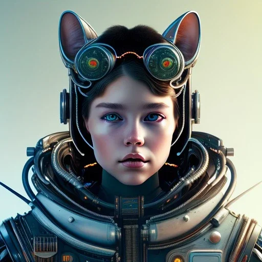 Cyberpunk Portrait of cyborg cat child with brown hair and with cute face, north pole snowy vibe , perfect composition, hyperrealistic, super detailed, 8k, high quality, trending art, trending on artstation, sharp focus, studio photo, intricate details, highly detailed, by greg rutkowski