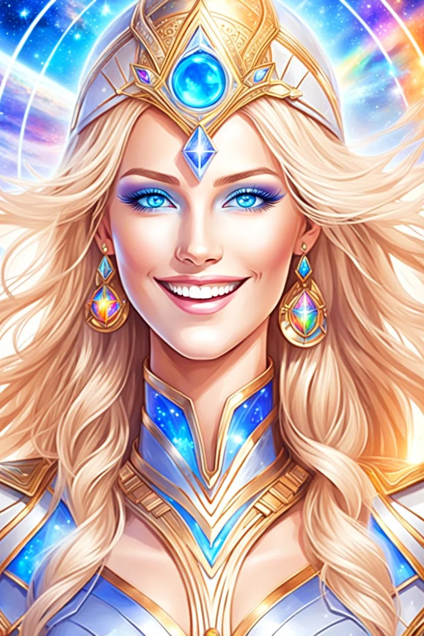 cosmic woman smile, admiral from the future, one fine whole face, crystalline skin, expressive blue eyes,rainbow, smiling lips, very nice smile, costume pleiadian, Beautiful tall woman pleiadian Galactic commander, ship, perfect datailed golden galactic suit, high rank, long blond hair, hand whit five perfect detailed finger, amazing big blue eyes, smilling mouth, high drfinition lips, cosmic happiness, bright colors, blue, pink, gold, jewels, realist, high commander