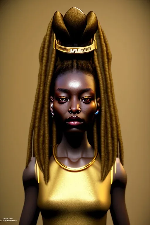 Little Simz, grown woman, dark brown dreadlocks, gold jewelry, gold eyeshadow