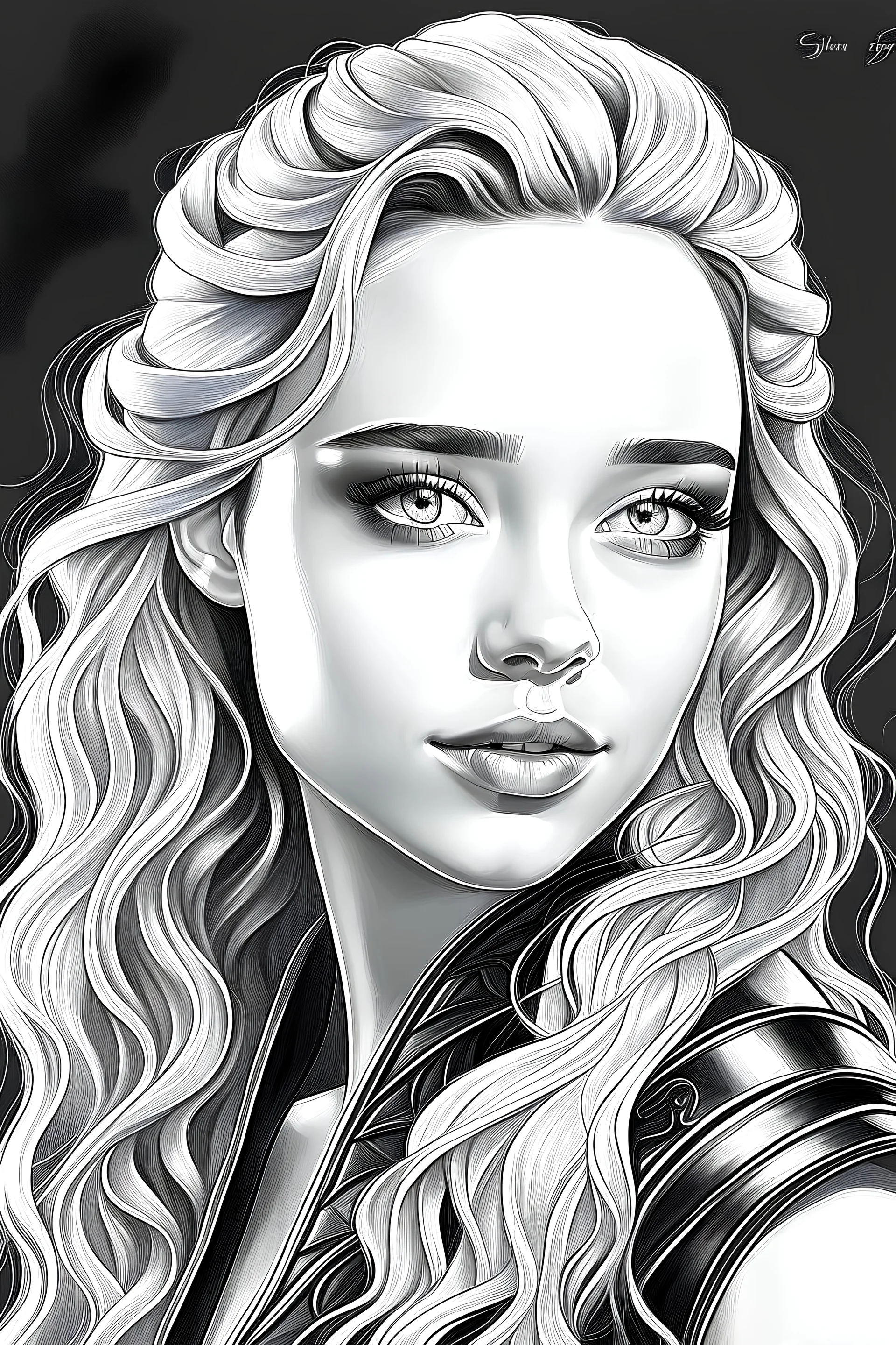 Beautiful black and white pencil drawing of Emilia Clarke from Game of thrones. She has long wavy platinum blonde hair. There is a tiny winged dragon on her shoulder. The background is all black. She is looking at the viewer.