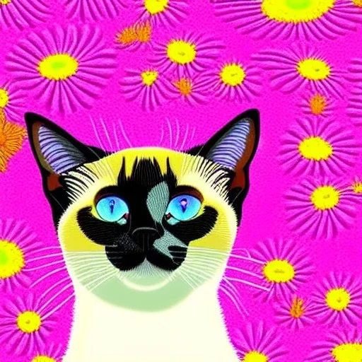 adorable siamese cat, landscape, cosmic atmosphere, perfect composition, 8k, super detailed, delicate flowers, complementary colours, intricate details, people