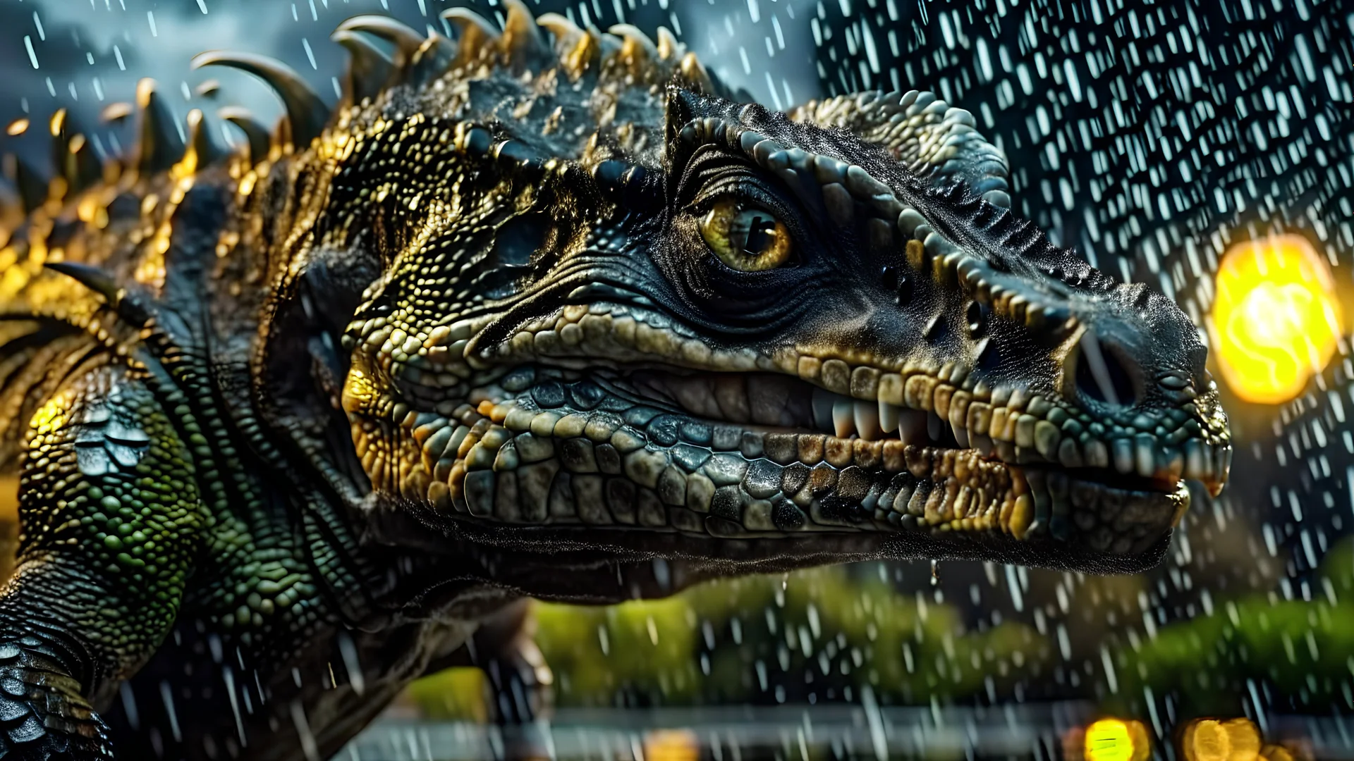 Huge Komodo dragon in a thunderstorm, intricately detailed face, Professional photography, bokeh, a breathtaking background cinematic side light, wide shot shot on dslr 64 megapixels sharp focus, canon lens, Hyperrealistic, concept art, 16k resolution