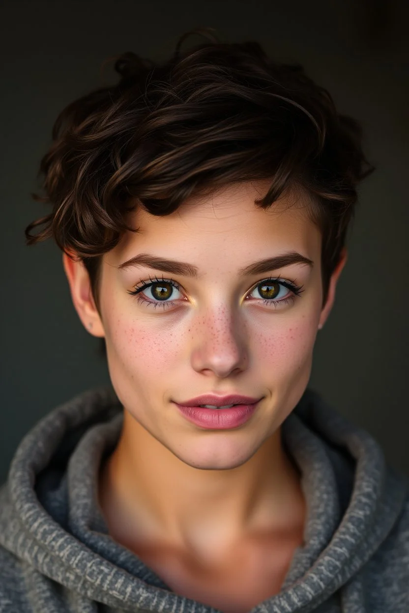 A portrait of a young attractive woman, short coiled brown hair, freckled skin, dark brown eyes, wearing hoodie