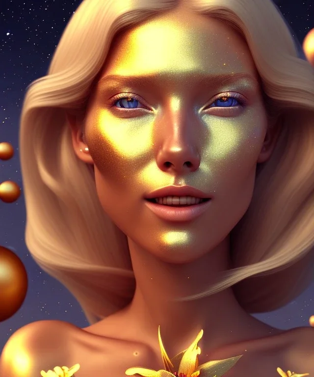 face,angel, man, woman blondie, smile, beautiful place,amazing, cosmic, colors, planet, gold,Flower, realistic, photo real, stars night, detailed, high contrast, 8k high definition, unreal engine 5, extremely sharp detail, light effect, light background