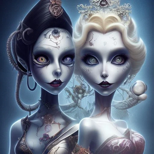 extrem tim burton style of the evil stepsisters, sharp focus, beautiful eyes