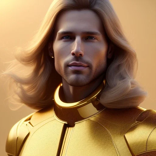 beautiful cosmic golden male, long hair, nice smiling, delicate colors, beautiful glamour galactic golden dress, ultra sharp focus, 8k, unreal engine 5, extremely sharp detail, light effect, soft light atmosphere of a spaceship, smooth, full of details, face in front, complete vision of face and body