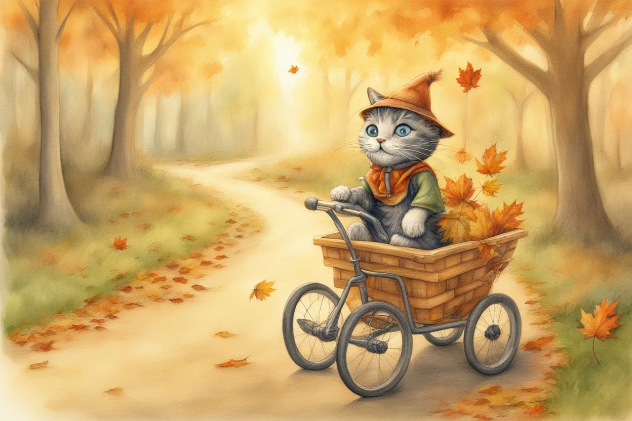 Cute little happy cat scarecrow riding a trike, forest path background, autumn, leaves swirling, waterfall, reflection, mist, sunrise, smooth intricate photorealistic hyperrealistic high definition beautiful lighting pencil sketch watercolor dramatic lighting storybook illustration polished Deep shadows deep color warm light
