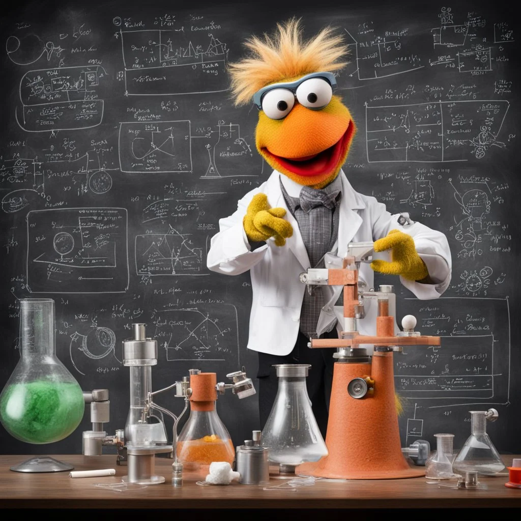 Muppets, Beaker performing crazy science experiments, science microscopes and amebics, background is a blackboard with complex formulas and double helixes and chemical compound diagrams, whimsical