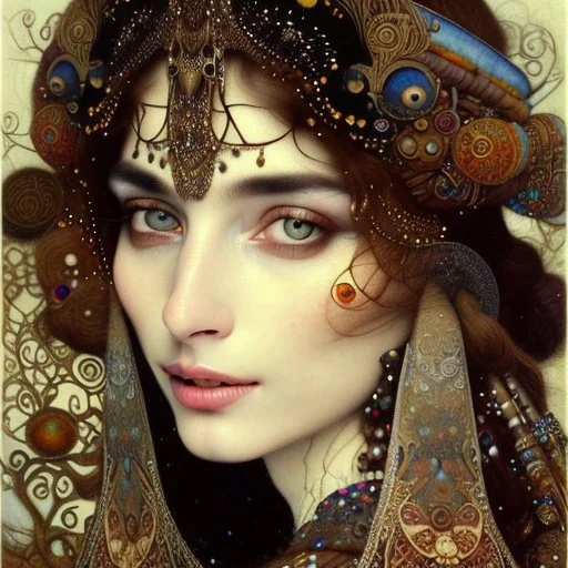 Beautiful woman gypsy shaman with big brown eyes, Subdued lighting. Muted color palette. Modifiers: elegant intricate very attractive beautiful award winning fantastic view hyperrealistic ultra detailed high definition matte background watercolor Arthur Rackham Gustav Klimt pen and ink Johannes Vermeer Aubrey Beardsley