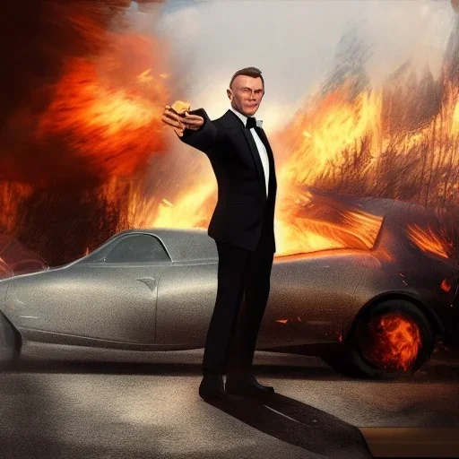 James bond,portriate,heroic,ultrarealistic, fiverr,unreal engine, cinamatic lighting,"saving a woman",explosion,fire