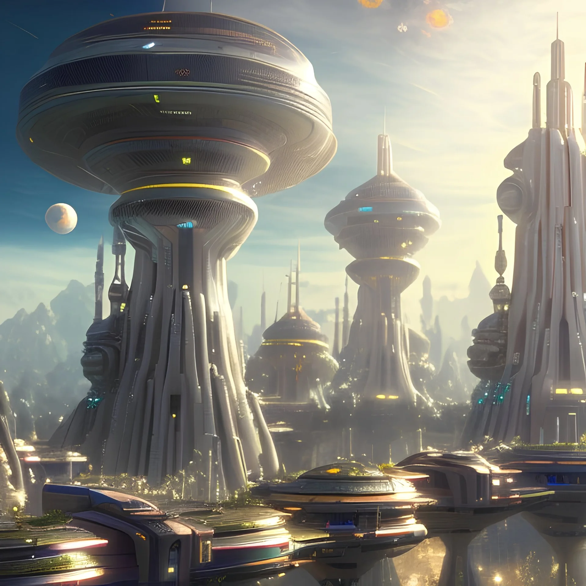 futuristic city with astroport and transparent bridges, galactic landsacape with multicolored crystals falling from the sky, full of details, smooth, bright sunshine，soft light atmosphere, light effect，vaporwave colorful, concept art, smooth, extremely sharp detail, finely tuned detail, ultra high definition, 8 k, unreal engine 5, ultra sharp focus