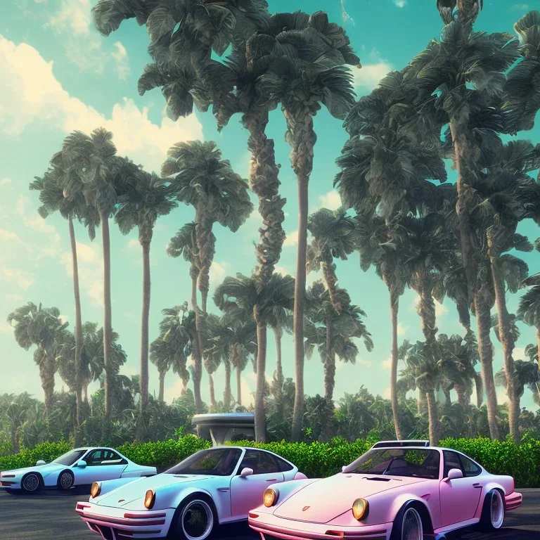 1980's aesthetic vaporwave palm trees and spheres and Porsche with lightning