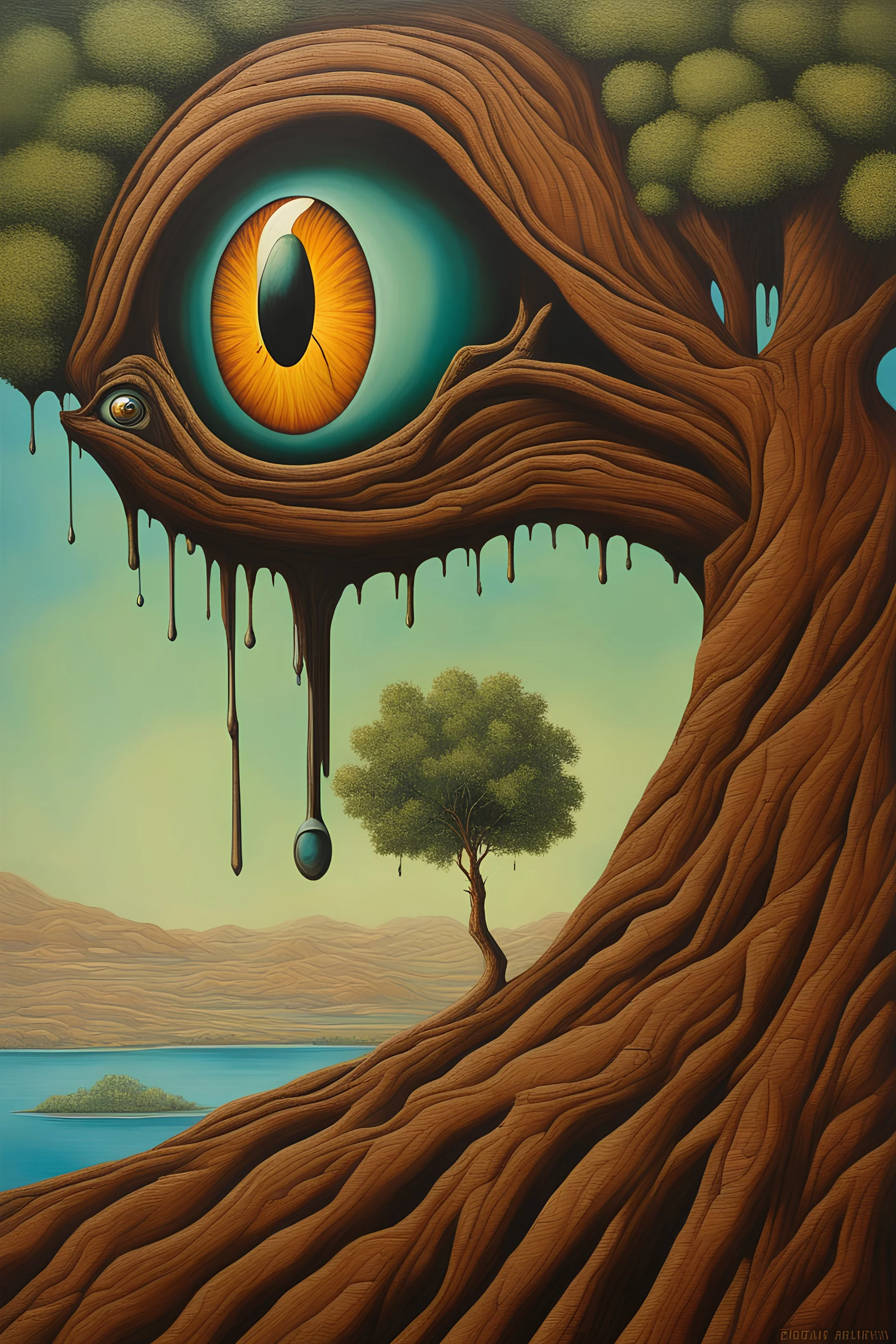 an eye in a tree near water, in the style of brian despain, dripping paint, expansive landscapes, highly detailed, surrealistic urban scenes, mars ravelo, mati klarwein