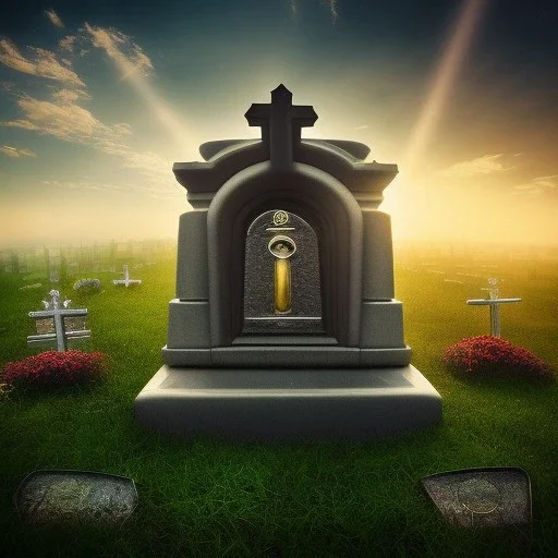 A pet cemetary , masterpiece, god lights,god rays,cianoscuro light,tilt shift,lens flare,spherical lens,fisheye 4mm focus