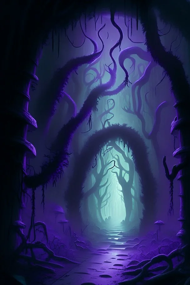 A frightening fungus forest dungeon hallway with purple mist