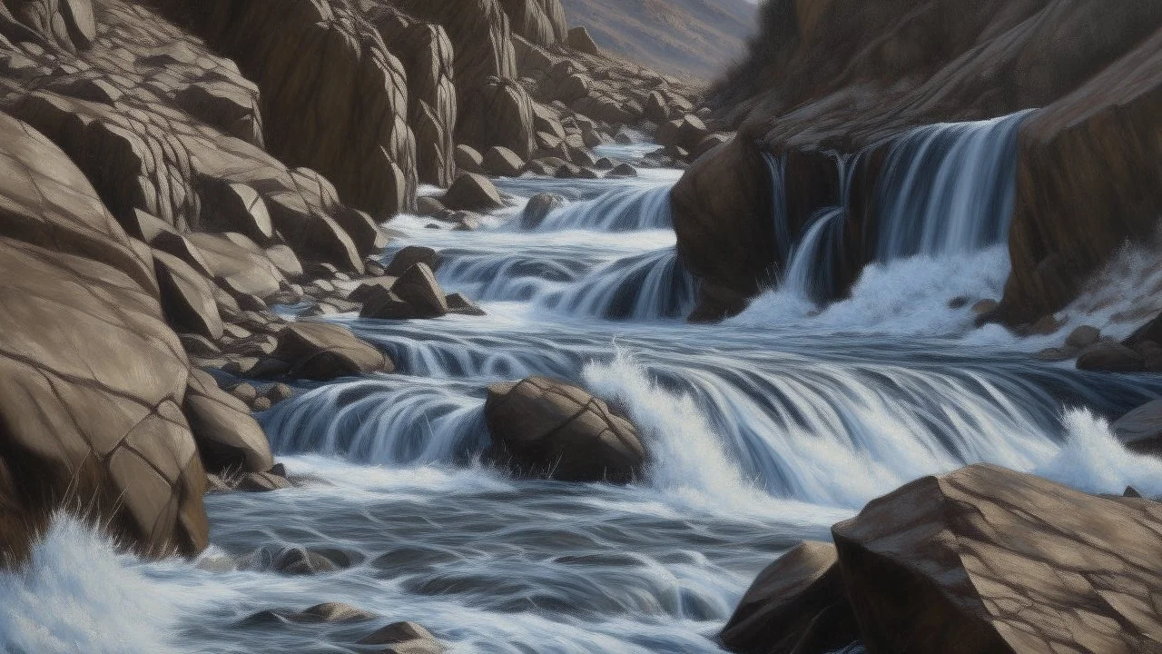 A detailed oil painting of a rapid waterfall, a flow through a narrow canyon, where snow-covered mountains meet with the blue sky. The river, filled with splashes of water, glides quickly and is a visually striking contrast to the rough, jagged rocks and dark brown dirt. The focus is on the intricate details of the curves and flows, leaving the viewer with a sense of motion.