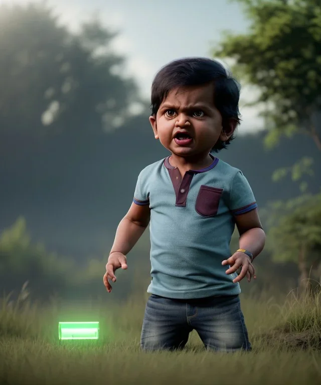 Raj kootrappali toddler, full body, dramatic lighting, angry, hyper realistic,