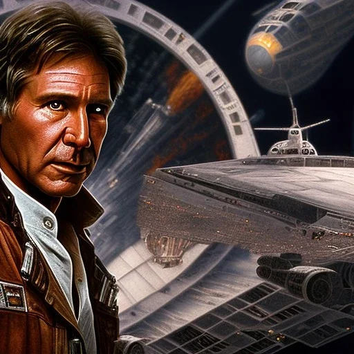 8k hyperspace background,complete and photo realistic detailed head to waist stunning, extrem photo realistic portrait of harrison ford as han solo in star wars with short lenght, photo realistic hair, brown eyes, professional majestic photo realistic painting by drew struzan, trending on artstation, Sharp focus, rough skin,space outfit