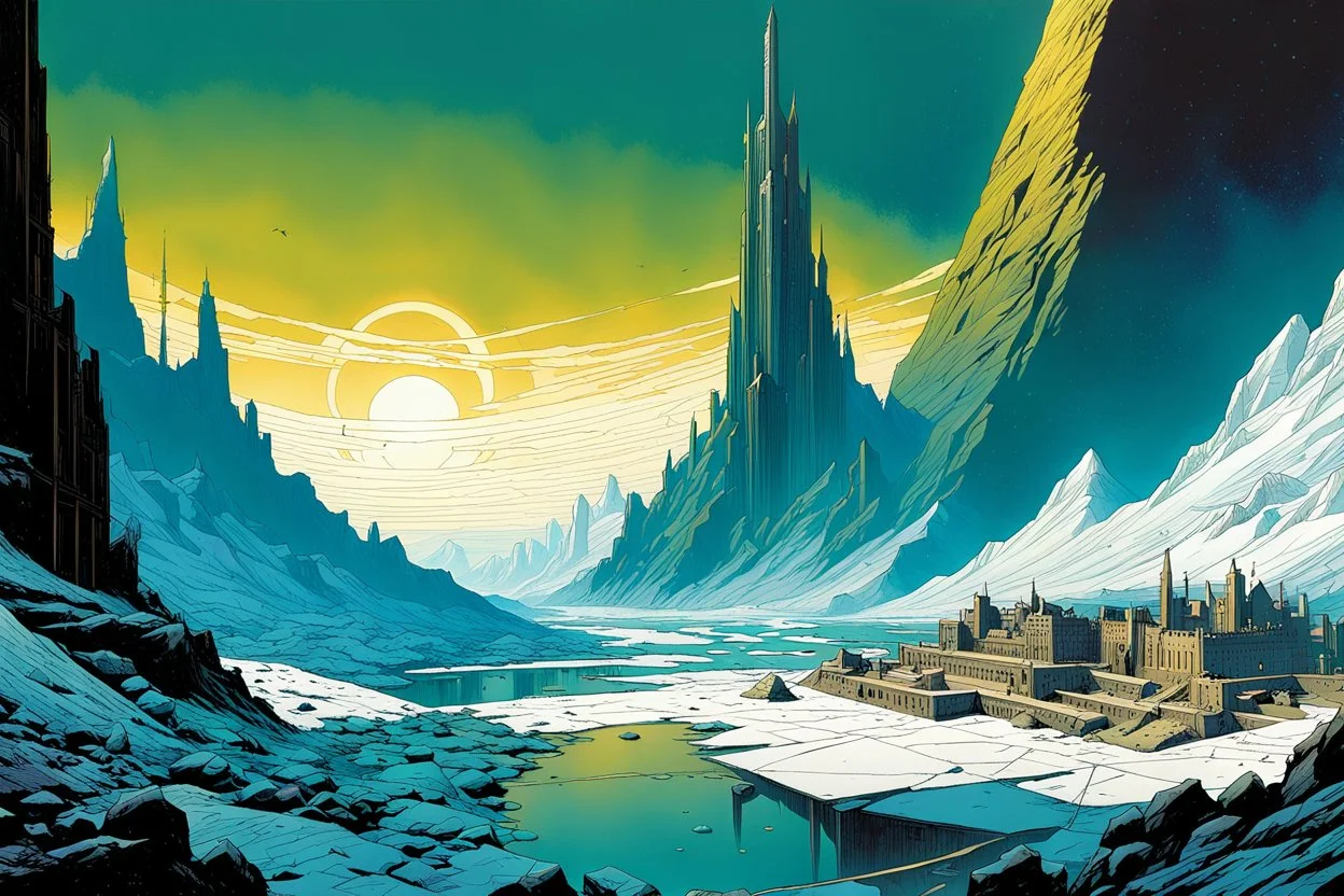 create an ethereal, otherworldly ancient alien city set in a vast glacial wilderness utilizing sacred geometry, Fibonacci sequence, golden ratio, in the comic book art style of Mike Mignola, Bill Sienkiewicz, and Jean Giraud Moebius, with highly detailed and finely inked , dramatic natural lighting