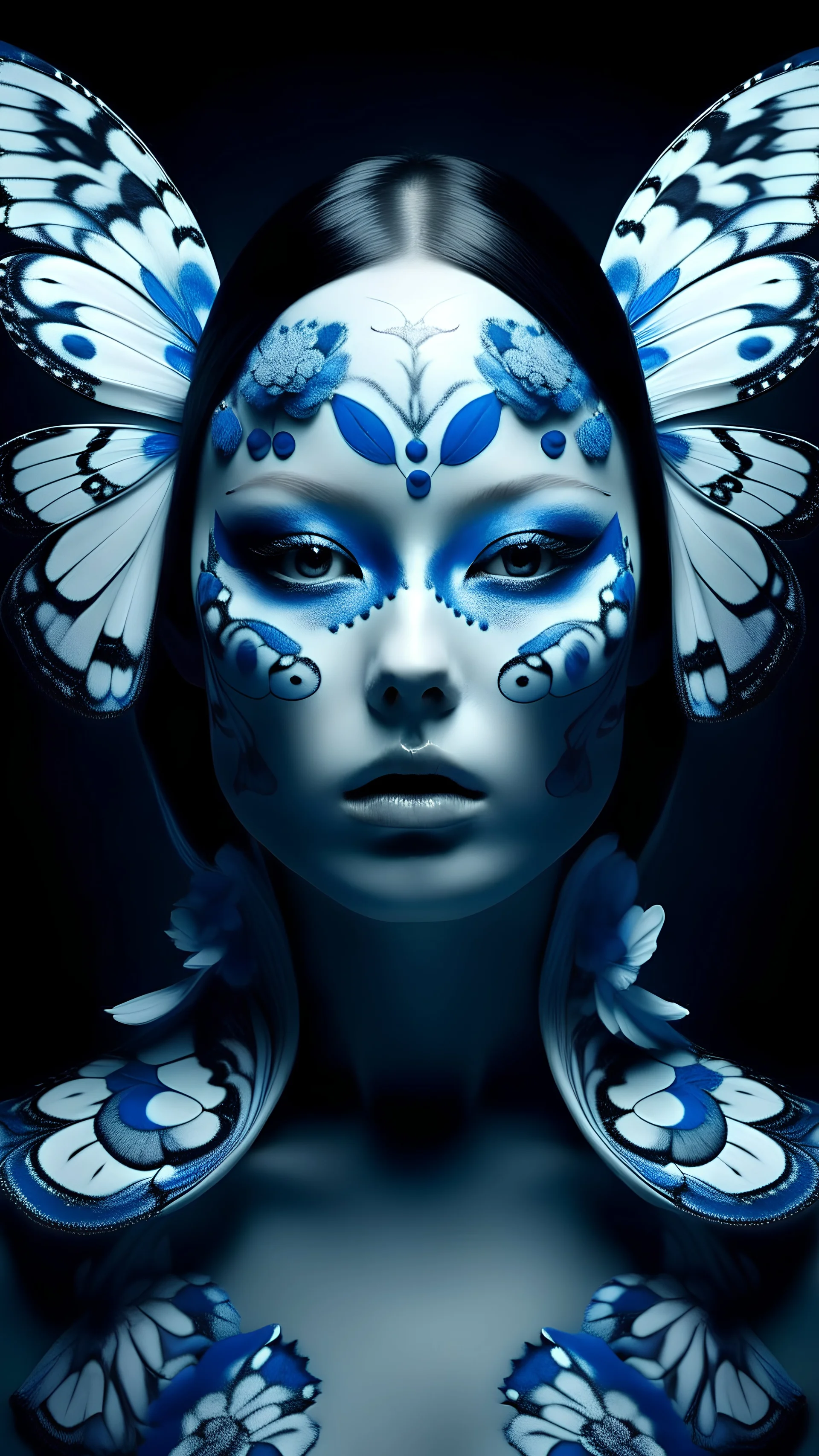 Hot beauty creature girl face frontal symmetrical portrait, blue butterflies, attractive, elegant, gorgeous, cute, Abstract animal prints, facepaint, open shoulder cute gauze V, hot, porcelain - inspired, poster - like moonlit dance rituals and campfires, robot showing a sophisticated dance and japanese minimalism outfit, photography by jimmy Nelson, 35mm film, Jean Baptiste Monge, Takashi Murakami, Yoh Nagao, lisa frank, Boris Vallejo, art by Gerald Brom, Junji Ito, Tomer Hanuka, Enki Bilal, Ol