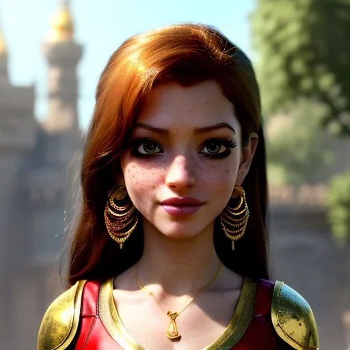 Alladin cartoon style, hyper detailed, strikingly beautiful young female, 12 years old, long ponytail, ginger hair, green eyes, medium freckles, full lips, micro top, black leather armour, full body, full face, tiny breasts, full frame, athletic, centered camera, ignore NSFW, thong, camel toe, petite