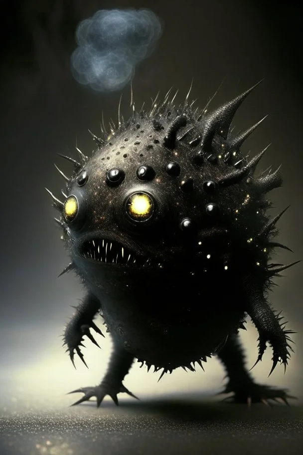 Solid spherical creature, four black eyes, very small mouth, lighting body, The creature is iron, without dots, wearing worrier shoes, smoke from the head, high details, stunning realistic photograph