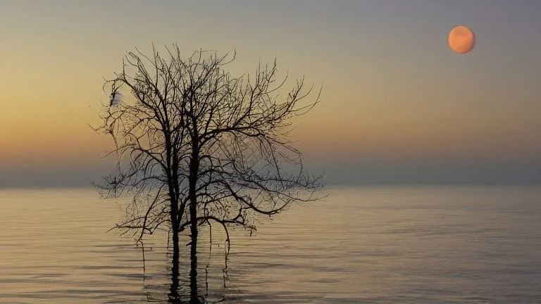 evening atmosphere of calm and solitude, lake + moon, on the horizon