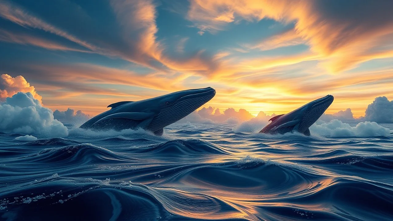 A surreal landscape where the sky is made of flowing water, and giant whales swim gracefully through the clouds, reflecting the colors of the sunset. Photographic quality and detail, award-winning image, beautiful composition.