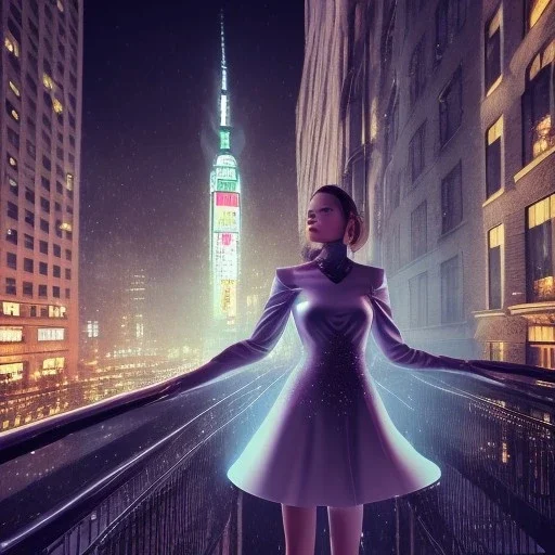 woman wearing a dress floating in the air outside a building balcony, scared, downtown snowy new york at night, dramatic, dramatic lighting, volumetric lighting, hyperrealism, 8k, high quality, photorealistic, lot of details