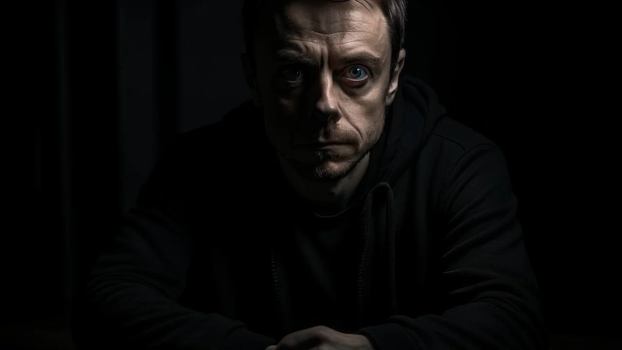 In the photo, we see a man sitting in the dark, looking at the camera with a cold gaze. The man is dressed in black and seems uninterested in what is going on around him.