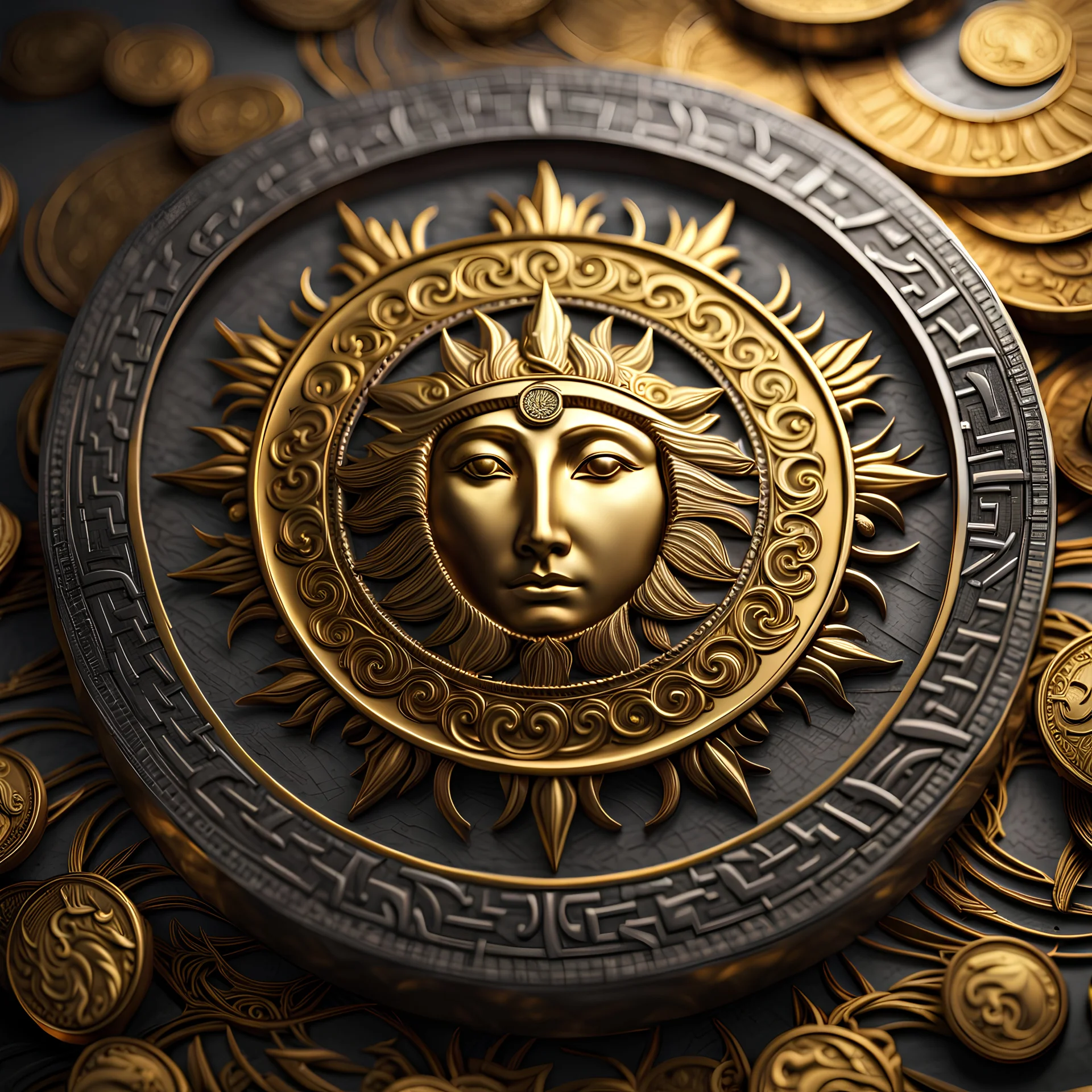 a used gold coin called a Gold Sun. the coin has a circle of runes around the edge. fantasy concept art, exquisite realism, a masterpiece, dynamic lighting, hyperdetailed, intricately detailed, deep color, Unreal Engine, volumetric lighting , Epic cinematic brilliant stunning intricate meticulously detailed dramatic atmospheric maximal,CAMERA: Nikon Z7 | FOCAL LENGTH: 105mm | SHOT TYPE: Close-up | COMPOSITION: Centered | LIGHTING: Soft, directional