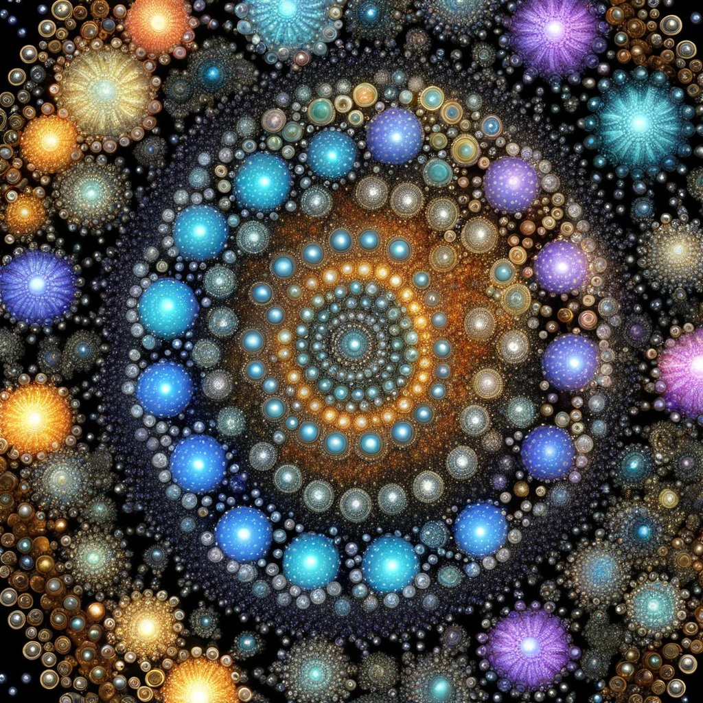 This spiral fractal image consists of thousands of translucent beads, bubbles, baubles, or gems. When viewing this image I can't help but feel uplifted in spirit. Created using Ultra Fractal