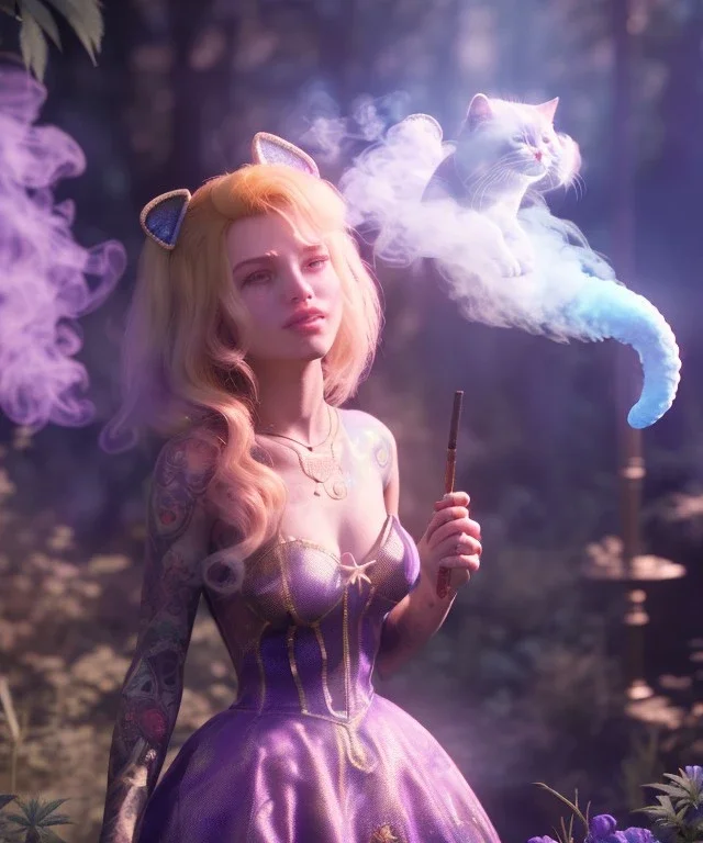 Ultra realistic wonderland photo, happy blonde woman smoking a shisha, blue dress, purple-cat friend, circus dress style, old school tattoo, smoke, marijuana garden, glow eyes, perfect iris, soft color, highly detailed, unreal engine 5, cinematic, ultra detail, volumetric lighting, high definition.