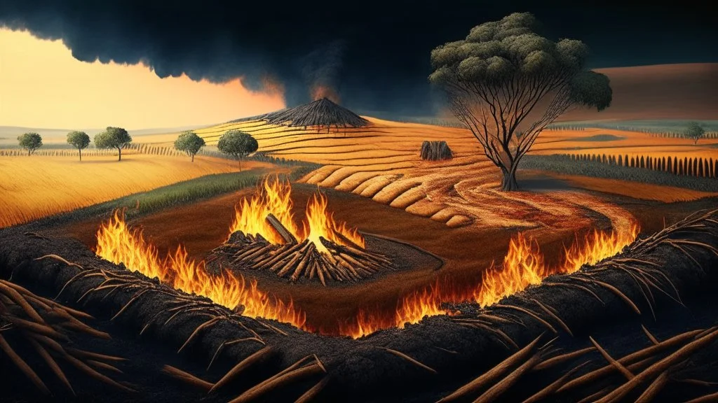 neolithic landscape with agriculture fire on plantation