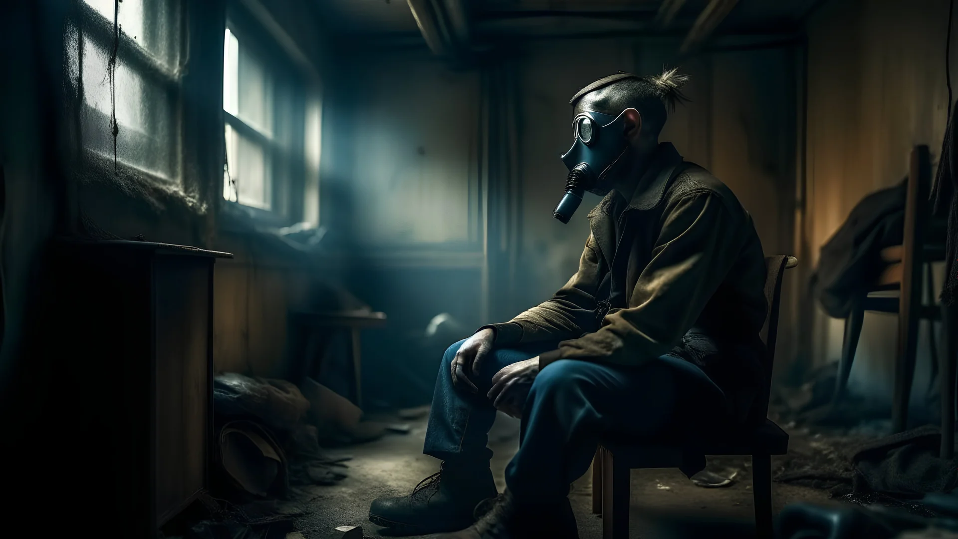 A man with a gas mask is sitting in a room with an industrial aesthetic, with dilapidated furniture, exposed cables, dim lighting, an industrial window with dirty and fogged glass, an oppressive and threatening atmosphere.