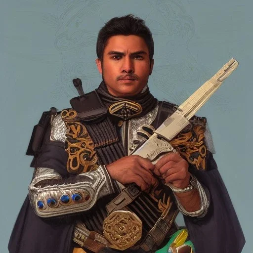 portrait,"Insanely detailed photograph of a mariachi warrior", charo with gun belt, sequenced Sombrero,handsome, detailed D20 flair, digital painting, artstation, concept art, smooth, sharp focus, illustration, art by artgerm and greg rutkowski and alphonse mucha, 8 k