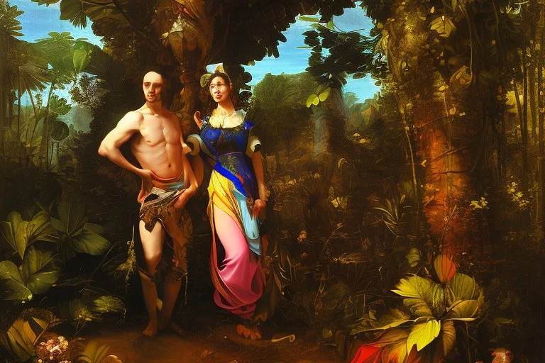 man and woman in colorful jungle by Caravaggio