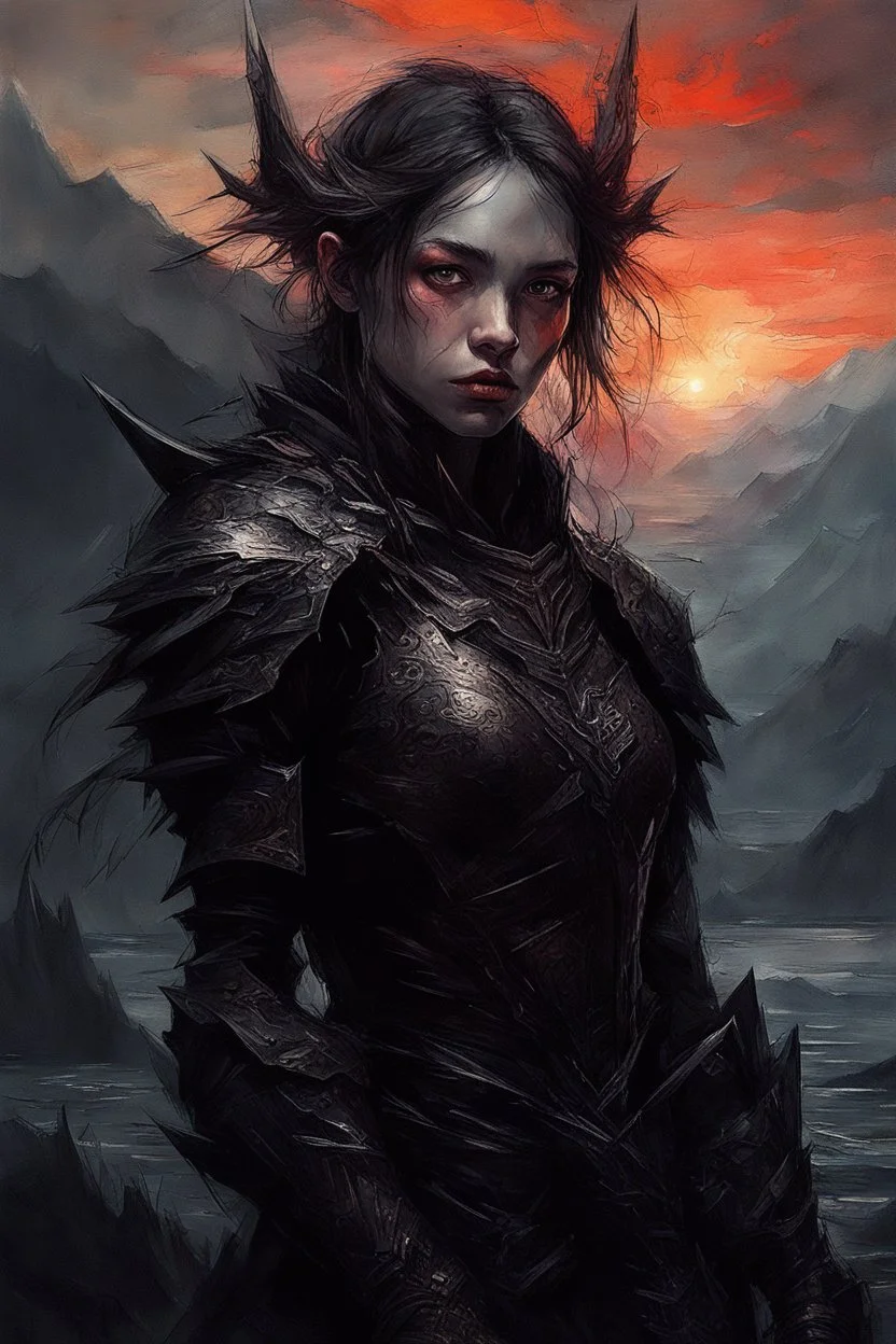 A formidable warrior girl in black armor against monster, against the background of an amazing gloomy landscape flooded with sunset, mountains, trees, a fabulous scary hero, juicy emotions, painting, gloomy fantasy, gloomy day, dark world, portrait, oil and graphite, wide strokes, a weaving frame around, by Ryohei Hase, Agnes Cecile, Raymond Swanland, Anne Bachelier