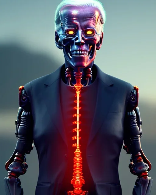 Terminator, Joe Biden as a Terminator,skeleton, evil, 8k, red glowing eyes, battle in background