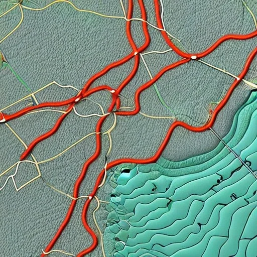 colored pins positioned throughout a topographic map, roads and highways, desaturated colored map, highly detailed, intricate design, smooth, realistic render, Artstation, smooth, sharp focus, illustration, artgerm