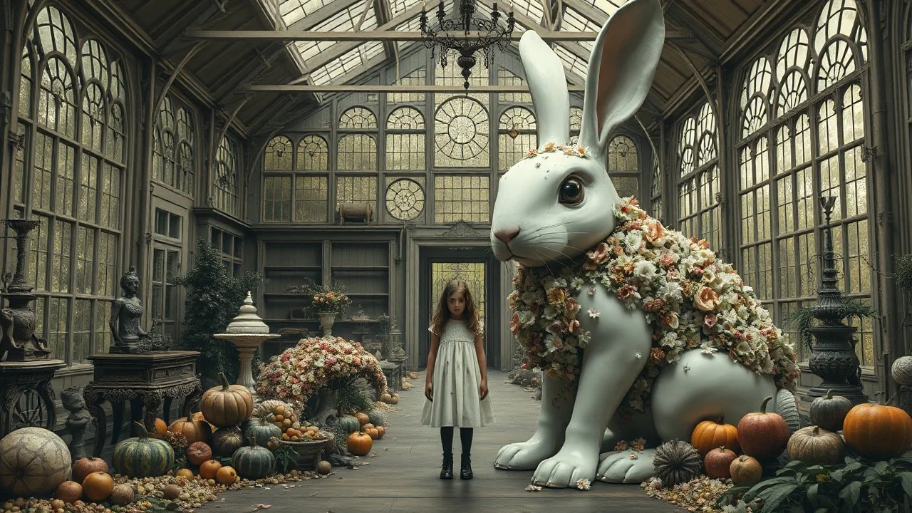 Una enorme sala victoriana abandonada convertida en invernadero, donde una niña adulta de aspecto misterioso —mayor de 21 años— permanece inmóvil junto a un gigantesco conejo blanco mecánico cubierto de pequeñas flores. Alrededor, juguetes antiguos, frutas desproporcionadas, mariposas y objetos simbólicos cuidadosamente dispuestos crean una atmósfera inquietante y enigmática. Estética de pintura figurativa surrealista de acabado extremadamente pulido, composición teatral, paleta pastel apagada c