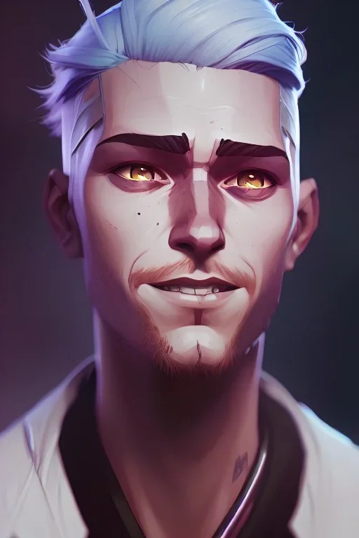 portrait,beautiful white man, smiling, shor hair, post-apocalyptic in a cyberpunk city, realistic, intriacte detail, sci-fi fantasy style, volumetric lighting, particales,highly detailed,cinamatic, deep colours,8k