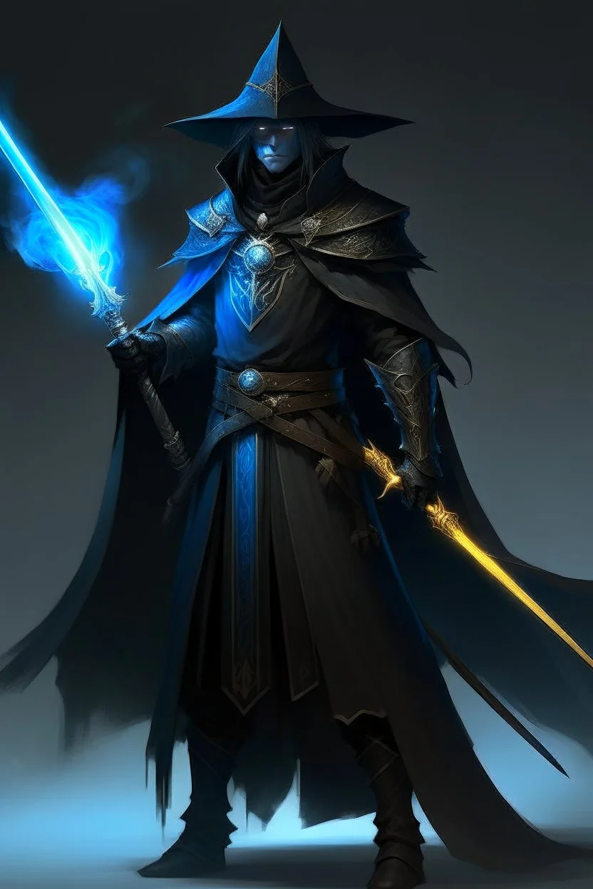 The commander wears a black cloak and a long coat with long combat boots and a long spear with a hat under his cloak with blue flame eyes, a sword like a spear