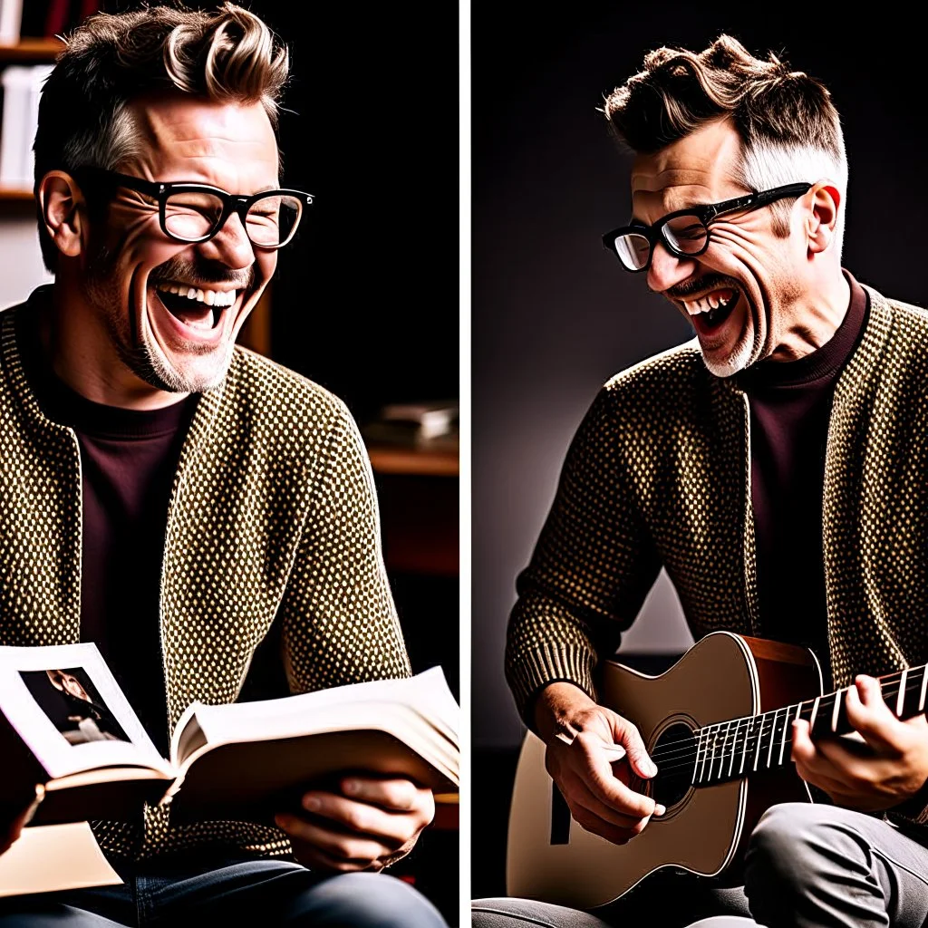 Photo montage of a middle-aged man with short hair. the image-1 shows him laughing in casual attire. image-2 portrays him reading a book in glasses and a sweater. image-3 captures him jogging in sportswear with determination. image-4 depicts him playing guitar in a relaxed environment