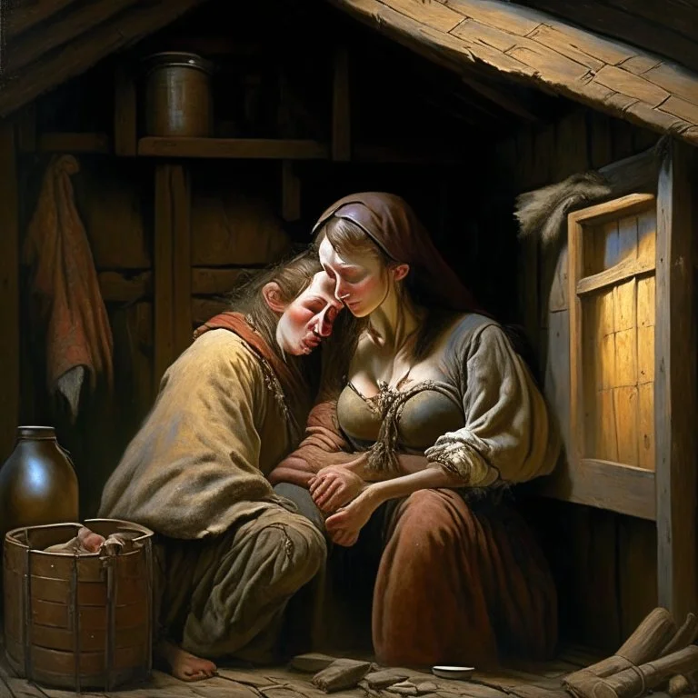 a medieval woman breastfeeding a man in a shed, oil painting,