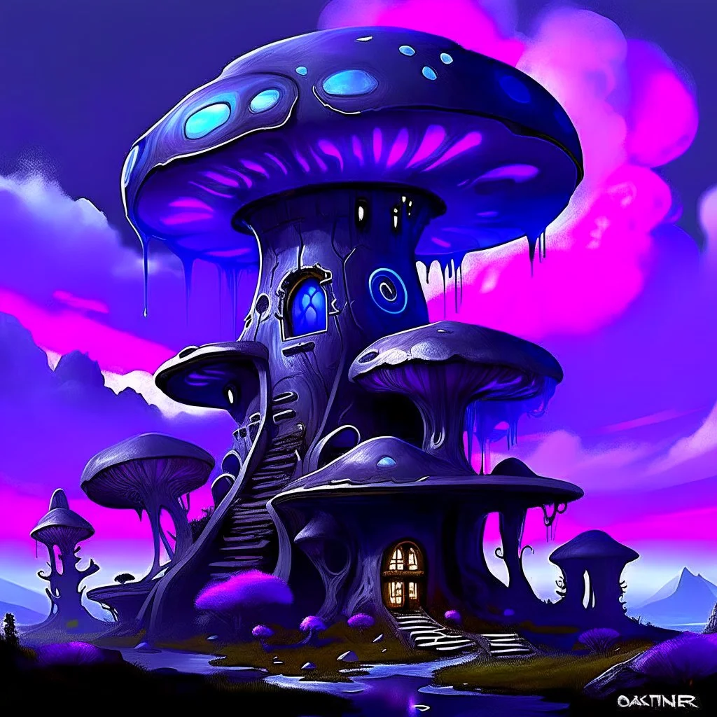 A fantabulous black, purple and blue (((mushroom tower house))) erected atop a (geologic pillar), surrounded by the uncanny imaginative ((( swirling skies))), offset by the stark hues of a (neon-tinged nebulous space scape), within. captured by the hand a skilled master painter with a focus on (softly blurred compositions and voluminous lighting).