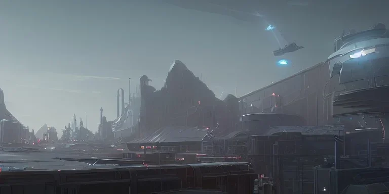 Big Industrial Area in valley and three big Starship flying above