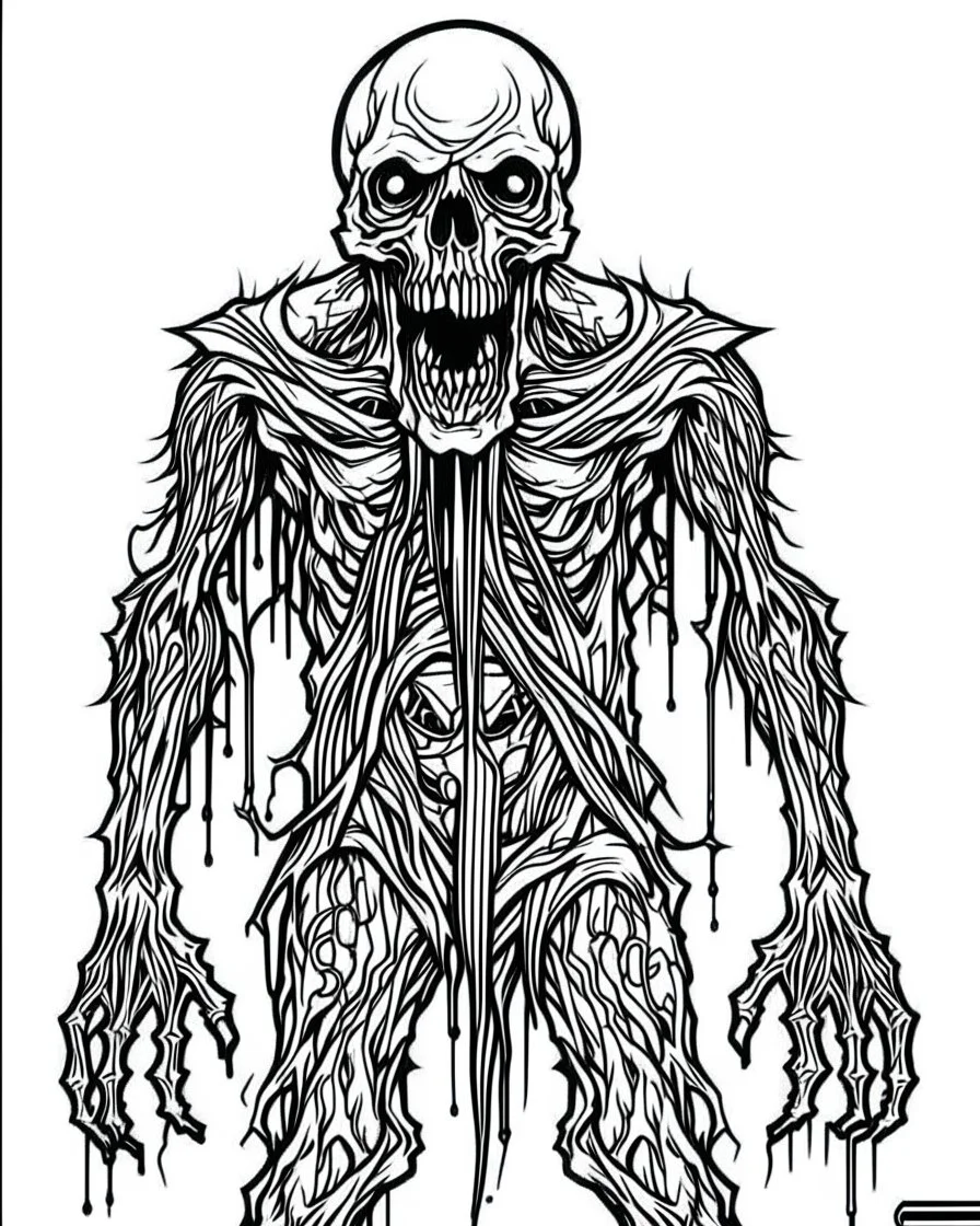 create a 2d black outline, "full body scary psycho monster death coloring book for adults", coloring page, low details design, black contour, coloring page design, coloring page for adults,horror background, black contour and white space beetween contour, same contour,sketch style, horror style, creepy style, minimalist, halloween background,simple, white background