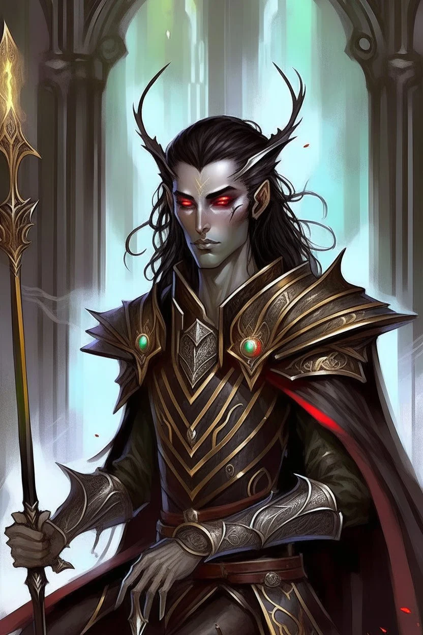 sits on the throne, full length, mantle, black cloth, dark green eyes, holding a long spear with his left hand, human skin,