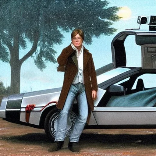 Marty McFly with a Delorean painted by Caspar David Friedrich